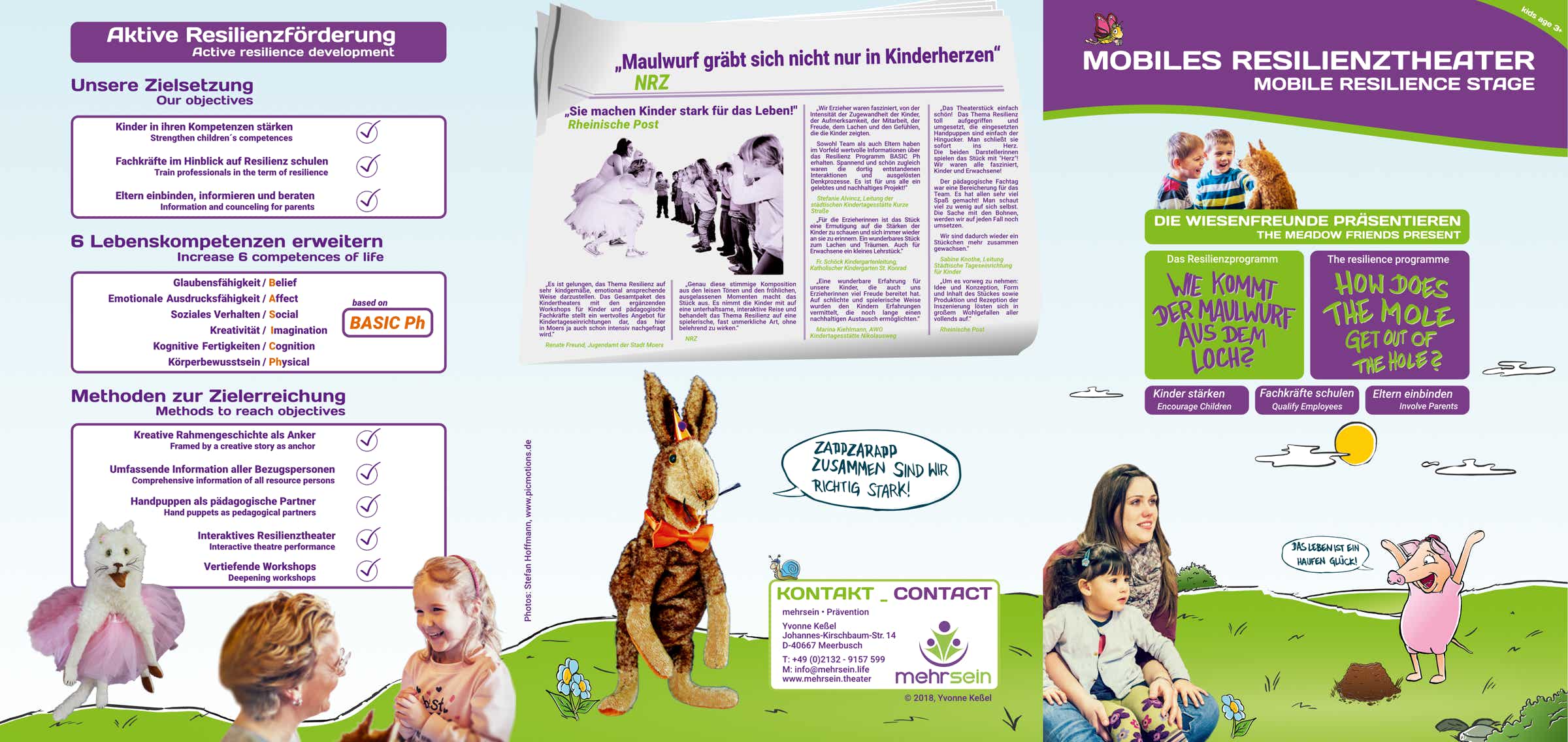 Reinzeichnung Titelseiten der 6-seitigen DIN A4 Hochformat Info-Broschüre für Kita-Träger zum Resilienzprogramm und Resilienztheater "Wie kommt der Maulwurf aus dem Loch?" in deutscher und englischer Sprache von "Mehrsein - Coaching und Prävention Meerbusch"