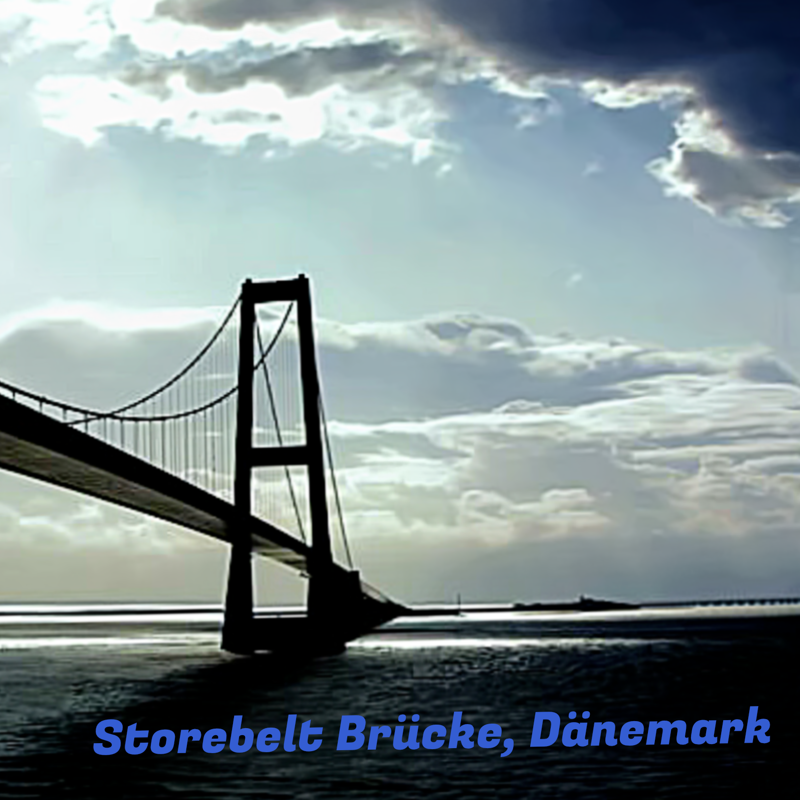 Architekturaufnahme der Storebelt Brücke in Dänemark, Europas längster Hängeseilbrücke