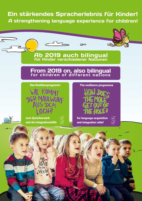 Reinzeichnung Titelseite des 2-seitigen DIN A4 Hochformat Einlegers für Kita-Träger mit Programm Ankündigungen für das Jahr 2019 zur geplanten bilingualen Erweiterung des Resilienzprogramm und Resilienztheater "Wie kommt der Maulwurf aus dem Loch?" in englischer und arabischer Sprache von "Mehrsein - Coaching und Prävention Meerbusch"