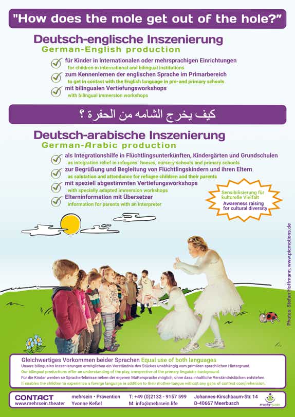 Reinzeichnung Rücktitel des 2-seitigen DIN A4 Hochformat Einlegers für Kita-Träger mit Programm Ankündigungen für das Jahr 2019 zur geplanten bilingualen Erweiterung des Resilienzprogramm und Resilienztheater "Wie kommt der Maulwurf aus dem Loch?" in englischer und arabischer Sprache von "Mehrsein - Coaching und Prävention Meerbusch"