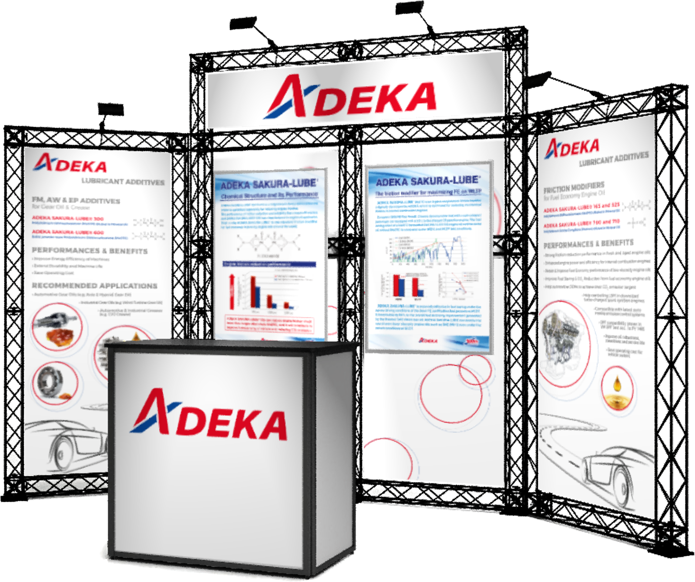 Referenzen und Arbeitsproben Kommunikationsagentur kom4all: 3D Abbildung Traversen Messestand Adeka Lubricant Additives