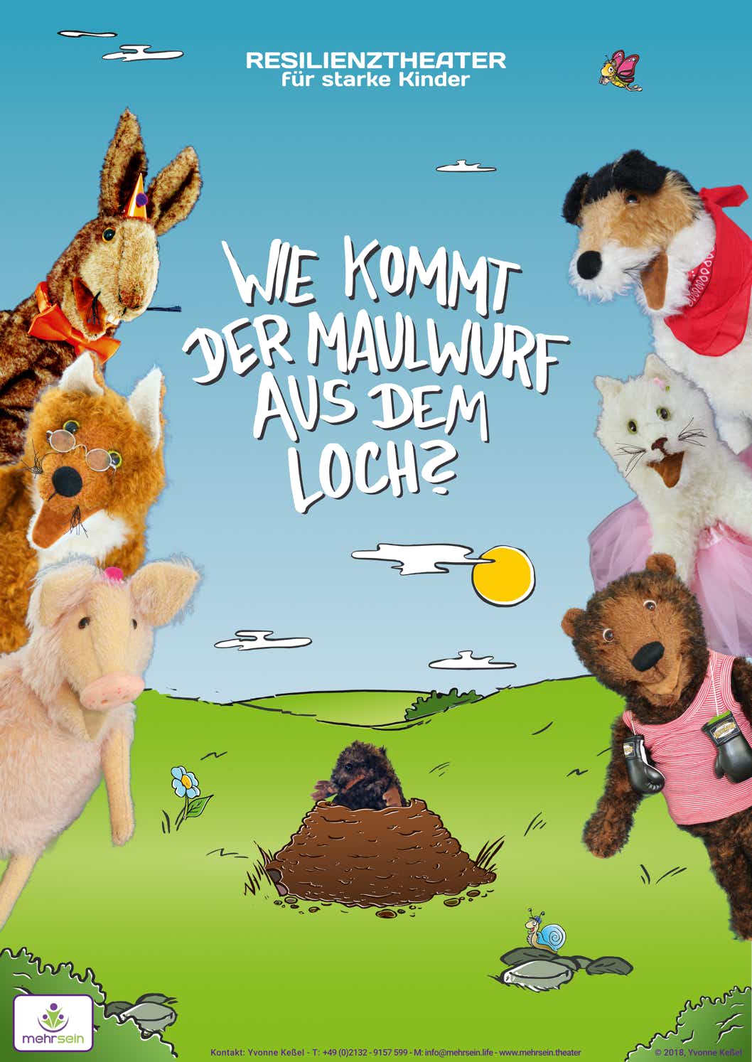 Reinzeichnung des DIN A3 Ankündigungs Plakat für die Aufführung des Resilienztheaterstücks "Wie kommt der Maulwurf aus dem Loch?" in Kitas und Schulen für veranstaltende Träger - von "Mehrsein - Coaching und Prävention Meerbusch"