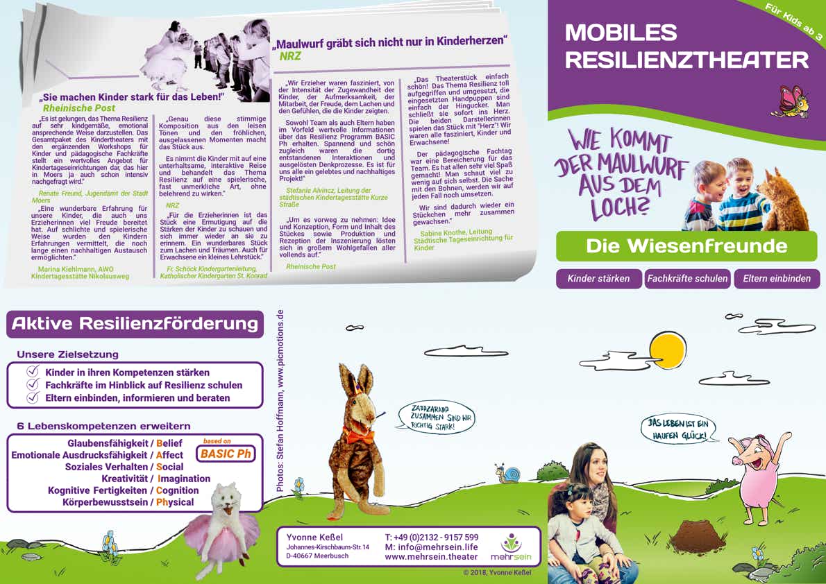 Reinzeichnung Titelseiten des 6-seitigen DIN lang Hochformat Info-Flyers für Eltern zum Resilienzprogramm und Resilienztheater "Wie kommt der Maulwurf aus dem Loch?" in deutscher Sprache von "Mehrsein - Coaching und Prävention Meerbusch"